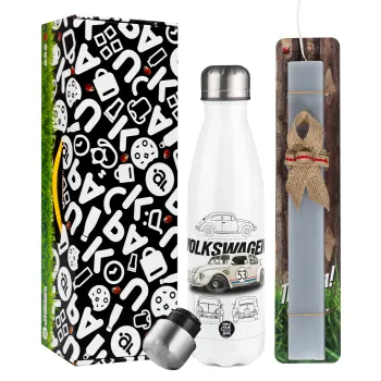 Volkswagen Beetle, Easter candle, metallic white thermos bottle (500ml) & aromatic flat candle (30cm) (GRAY)