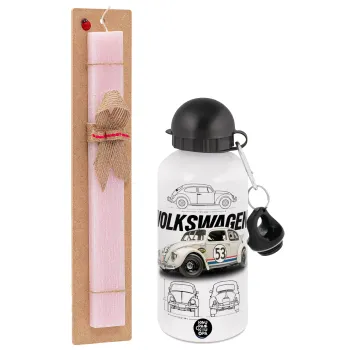 Volkswagen Beetle, Easter Set, metallic aluminum bottle (500ml) & aromatic flat Easter candle (30cm) (PINK)