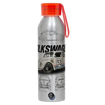 Volkswagen Beetle, Αλουμινένιο Αθλητικό Μπουκάλι 650ml – Ασημί με Κόκκινο Καπάκι και Λουράκι Σιλικόνης