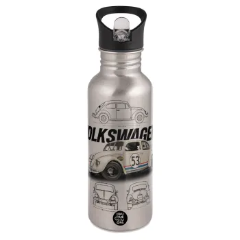 Volkswagen Beetle, Water bottle Silver with straw, stainless steel 600ml