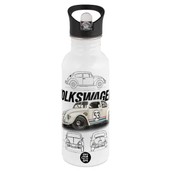 Volkswagen Beetle, White water bottle with straw, stainless steel 600ml