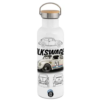 Volkswagen Beetle, Stainless steel White with wooden lid (bamboo), double wall, 750ml
