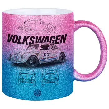 Volkswagen Beetle, Κούπα Χρυσή/Μπλε Glitter, κεραμική, 330ml