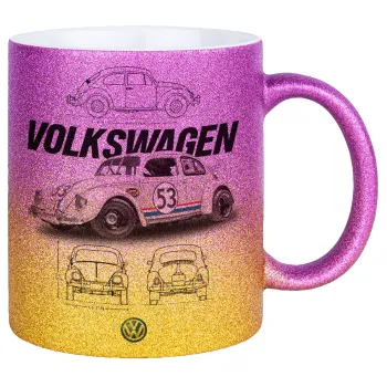 Volkswagen Beetle, Κούπα Χρυσή/Ροζ Glitter, κεραμική, 330ml