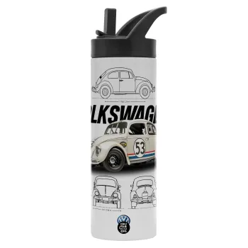 Volkswagen Beetle, Μεταλλικό παγούρι θερμός με καλαμάκι & χειρολαβή, ανοξείδωτο ατσάλι (Stainless steel 304), διπλού τοιχώματος, 600ml