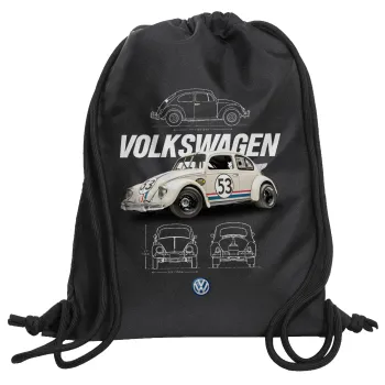 Volkswagen Beetle, Τσάντα πλάτης πουγκί GYMBAG Μαύρη, με τσέπη (40x48cm) & χονδρά κορδόνια