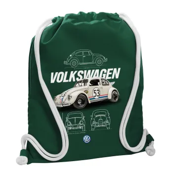 Volkswagen Beetle, Τσάντα πλάτης πουγκί GYMBAG BOTTLE GREEN, με τσέπη (40x48cm) & χονδρά λευκά κορδόνια