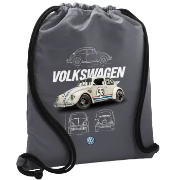 Volkswagen Beetle, Τσάντα πλάτης πουγκί GYMBAG ΓΚΡΙ, με τσέπη (40x48cm) & χονδρά κορδόνια