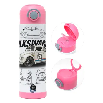 Volkswagen Beetle, Παιδικό παγούρι θερμό, ανοξείδωτο, με καλαμάκι ασφαλείας, ΡΟΖ (500ml)