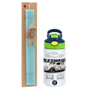 Volkswagen Beetle, Πασχαλινή Λαμπάδα με Παιδικό παγούρι θερμό, ανοξείδωτο, με καλαμάκι ασφαλείας, πράσινο/μπλε (350ml) & κερί αρωματικό πλακέ (30cm) (ΤΙΡΚΟΥΑΖ)