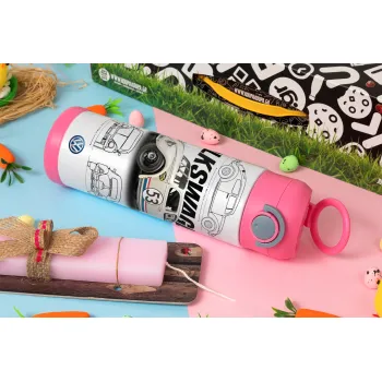 Volkswagen Beetle, Easter candle, Childrens hot water bottle, stainless steel, with safety straw, PINK (500ml)
