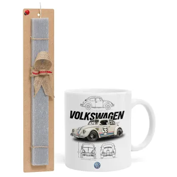 Volkswagen Beetle, Easter Set, Ceramic Cup (330ml) & Easter aromatic flat candle (30cm) (GRAY)