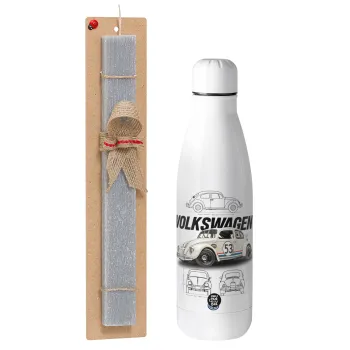 Volkswagen Beetle, Easter Set, metallic stainless thermos bottle (500ml) & scented flat Easter candle (30cm) (GRAY)