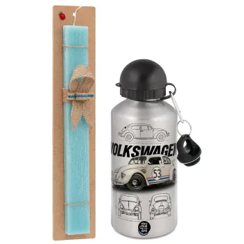 Volkswagen Beetle, Easter Set, metallic silver aluminum water bottle (500ml) & scented flat Easter candle (30cm) (TURQUOISE)