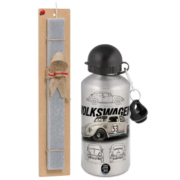 Volkswagen Beetle, Easter Set, metallic silver aluminum water bottle (500ml) & aromatic flat Easter candle (30cm) (GRAY)