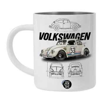 Volkswagen Beetle, Λευκή Ανοξείδωτη Μεταλλική Κούπα 450ml - Διπλού Τοιχώματος 
