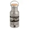 Stainless steel metallic thermos flask, silver with a bamboo lid, double-walled, 350ml.