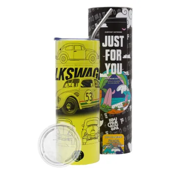 Volkswagen Beetle, Neon Yellow Travel Tumbler θερμό, μεταλλικό καλαμάκι(Ανωξείδωτο 304 Food grade, BPA free, 600ml)