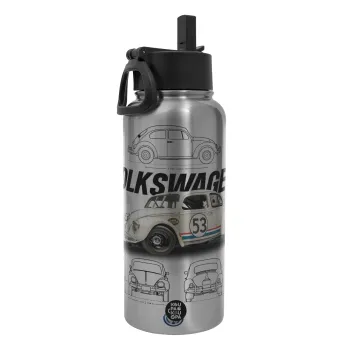 Volkswagen Beetle, Μεταλλικό παγούρι θερμός Silver με καλαμάκι και χερούλι (Stainless steel), διπλού τοιχώματος, 950ml