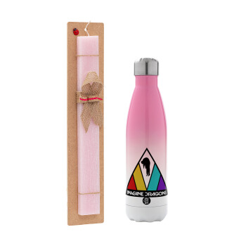 Imagine Dragons, Easter Set, Metallic pink/white (Stainless steel) thermos, double-walled, 500ml & aromatic flat Easter candle (30cm) (PINK)