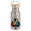 Stainless steel metallic thermos flask, silver with a bamboo lid, double-walled, 350ml.