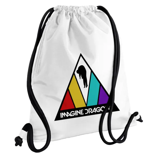 Imagine Dragons — Τσάντα πλάτης πουγκί GYMBAG λευκή, με τσέπη (40x48cm) & χονδρά κορδόνια