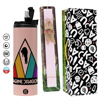 Imagine Dragons, Easter candle,Travel Tumbler 2 Lids, with metal straw & cleaning brush & aromatic flat candle (30cm) (PINK)