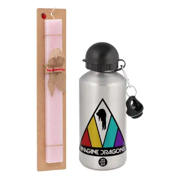 Imagine Dragons, Easter Set, metallic Silver aluminum water bottle (500ml) & scented flat Easter candle (30cm) (PINK)