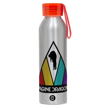 Imagine Dragons, Αλουμινένιο Αθλητικό Μπουκάλι 650ml – Ασημί με Κόκκινο Καπάκι και Λουράκι Σιλικόνης