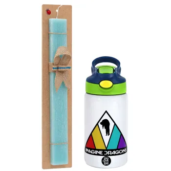 Imagine Dragons, Easter Set, Children's thermal stainless steel bottle with safety straw, green/blue (350ml) & aromatic flat Easter candle (30cm) (TURQUOISE)