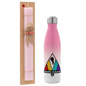 Imagine Dragons, Easter Set, Metallic pink/white (Stainless steel) thermos, double-walled, 500ml & aromatic flat Easter candle (30cm) (PINK)
