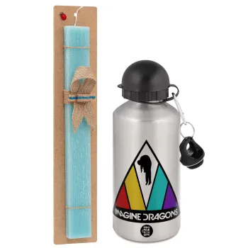 Imagine Dragons, Easter Set, metallic silver aluminum water bottle (500ml) & scented flat Easter candle (30cm) (TURQUOISE)