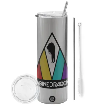 Imagine Dragons, Tumbler ποτήρι θερμό Ασημένιο από ανοξείδωτο ατσάλι 600ml, με μεταλλικό καλαμάκι & βούρτσα καθαρισμού