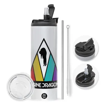 Imagine Dragons, Travel Tumbler θερμό με διπλό καπάκι, μεταλλικό καλαμάκι και βούρτσα καθαρισμού (Ανωξείδωτο 304 Food grade, BPA free, 600ml)