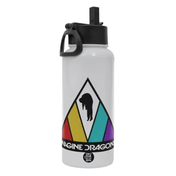 Imagine Dragons, Μεταλλικό παγούρι θερμός Λευκό με καλαμάκι και χερούλι (Stainless steel), διπλού τοιχώματος, 950ml