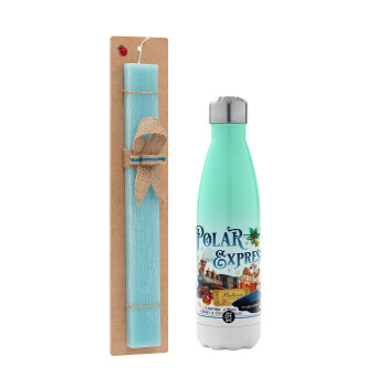 The Polar Express, Easter Set, Metallic green/white thermos (Stainless steel), double-walled, 500ml & scented flat Easter candle (30cm) (TURQUOISE)