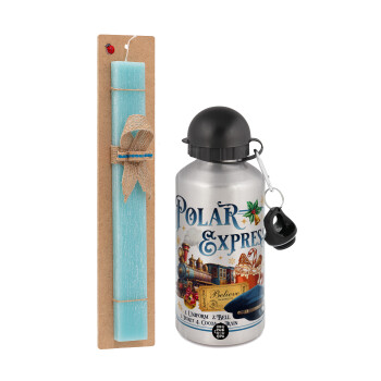 The Polar Express, Πασχαλινή Λαμπάδα με παγούρι μεταλλικό Ασημένιο αλουμινίου (500ml) & κερί αρωματικό πλακέ (30cm) (ΤΙΡΚΟΥΑΖ)