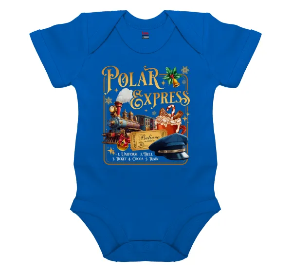 The Polar Express — Short-sleeve baby bodysuit, cobalt blue, 100% organic cotton