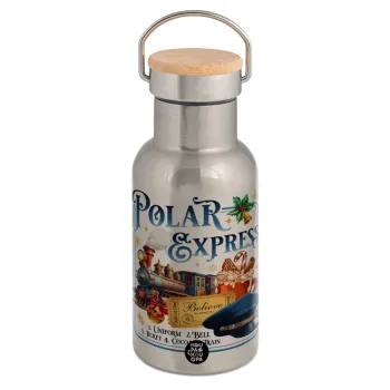 The Polar Express, Μεταλλικό παγούρι θερμός (Stainless steel) Ασημένιο με ξύλινο καπακι (bamboo), διπλού τοιχώματος, 350ml