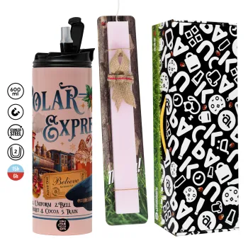 The Polar Express, Πασχαλινή Λαμπάδα με  ΡΟΖ Travel Tumbler θερμό (600ml, BPA free) & κερί αρωματικό πλακέ (30cm) (ΡΟΖ)
