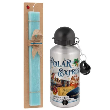 The Polar Express, Easter Set, metallic silver aluminum water bottle (500ml) & scented flat Easter candle (30cm) (TURQUOISE)