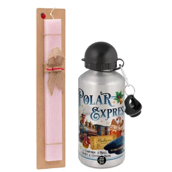 The Polar Express, Easter Set, metallic Silver aluminum water bottle (500ml) & scented flat Easter candle (30cm) (PINK)
