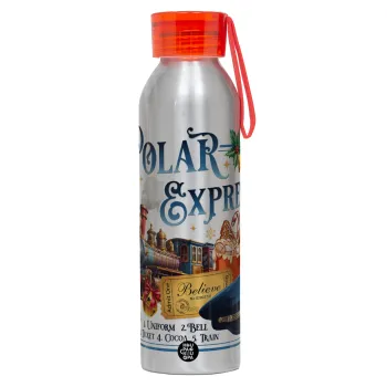 The Polar Express, Αλουμινένιο Αθλητικό Μπουκάλι 650ml – Ασημί με Κόκκινο Καπάκι και Λουράκι Σιλικόνης