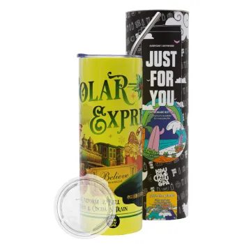 The Polar Express, Neon Yellow Travel Tumbler θερμό, μεταλλικό καλαμάκι(Ανωξείδωτο 304 Food grade, BPA free, 600ml)