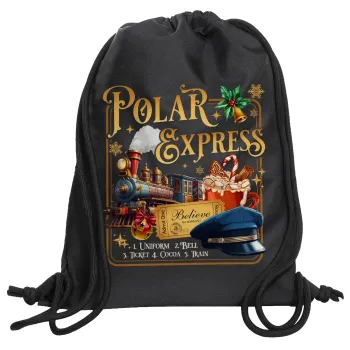 The Polar Express, Τσάντα πλάτης πουγκί GYMBAG Μαύρη, με τσέπη (40x48cm) & χονδρά κορδόνια