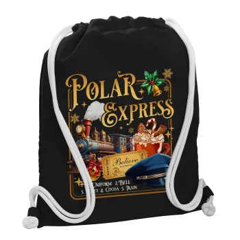 The Polar Express, Τσάντα πλάτης πουγκί GYMBAG Μαύρη, με τσέπη (40x48cm) & χονδρά λευκά κορδόνια