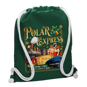 The Polar Express, Τσάντα πλάτης πουγκί GYMBAG BOTTLE GREEN, με τσέπη (40x48cm) & χονδρά λευκά κορδόνια
