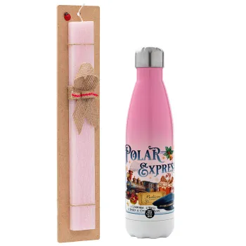 The Polar Express, Easter Set, Metallic pink/white (Stainless steel) thermos, double-walled, 500ml & aromatic flat Easter candle (30cm) (PINK)