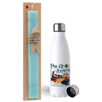 The Polar Express, Easter Set, metallic stainless steel water bottle (750ml) & aromatic flat Easter candle (30cm) (TURQUOISE)