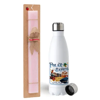 The Polar Express, Easter Set, metallic stainless steel water bottle (750ml) & scented flat Easter candle (30cm) (PINK)
